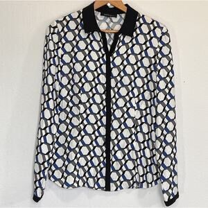 Lafayette 148 New York Blouse Size 4 Geometric Print 100% Silk Button Up Shirt